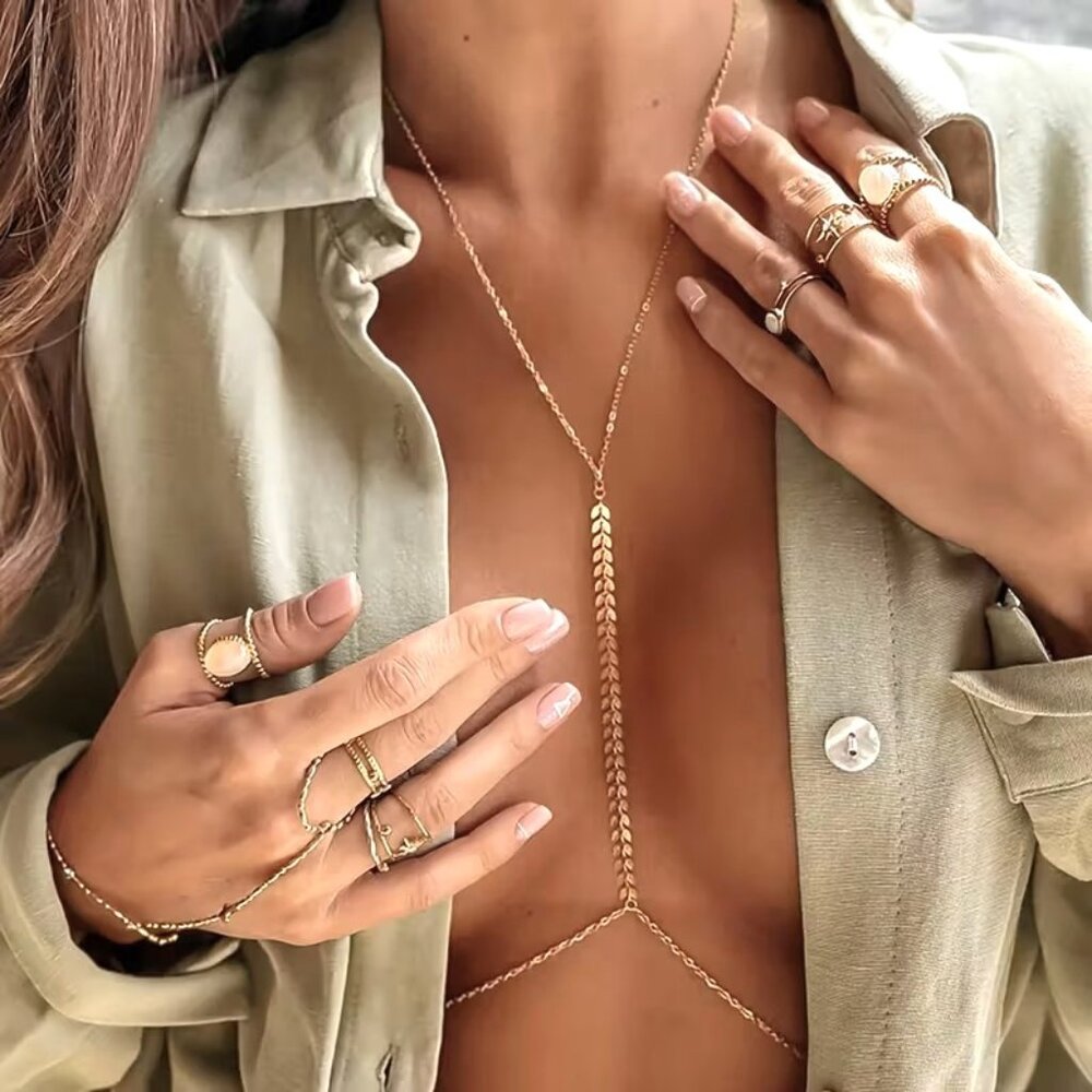 Chest Body Chain Sexy Back Stylish Trendy Boho Hollywood Glam Gold Reversible